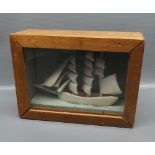 Mahogany glass fronted white painted ship style diorama, 9" wide x 6" high
