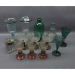 Group of mixed glass wares: set of three etched glass and green knopped stemmed wine glasses,