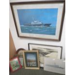 After Russell - Marine Print,  John Bridgeman landscape crayon, 4 assorted pictures and an over