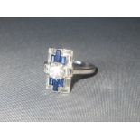 Art deco sapphire and diamond plaque ring, unidentified marks to the shank, size L