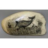 Good large scrimshaw whales tooth etched with a whale hunting scene. Signed with initials M.C 5.5ins