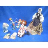 5 Vintage clown toy figures/clown puppets and French doll the body made from champagne bottle,