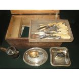 Quantity of mixed silver plated item of cutlery in wooden and metal bound box