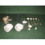 Miniature hallmarked silver cup, silver mustard pot (liner missing), pair silver bon bon dishes, 4