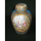 A small Sevre porcelain ginger jar and cover, blue ground with reverse panels painted with a lake