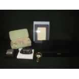 Black satin sparkle coin purse by Lala Guinness, 2 jewellery cases and Wedgwood Jasper ware