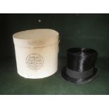 Black silk top hat by Scott & Co of London in a cardboard hat box by Lock & Co.   approx 7 1/8