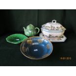 Portuguese dish and cover, Royal Worcester blue and gilded bowl, tea pot and dish (bowl cracked)