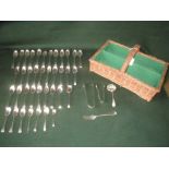Quantity of mixed hallmarked silver spoons, sauce ladle and sugar tongs 24ozt