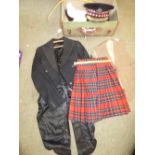 Military officers hat, tweed waistcoat, kilt canvas and leather suitcase etc