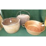 Two copper pans and metal pan