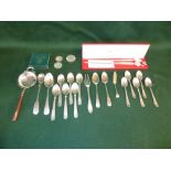 Hallmarked silver tea strainer BD of Sheffield and mixed silver spoons and coin set, 8ozt