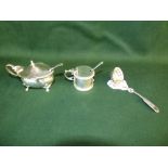 Two hallmarked silver mustard pots and silver sugar sifter. 5ozt