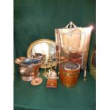 Copper fireguard and coal bucket, pair of brass candlesticks, coopered barrel, tie press and a