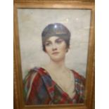 Late C19th Continental School portrait of a young woman wearing colourful costume and head band, oil