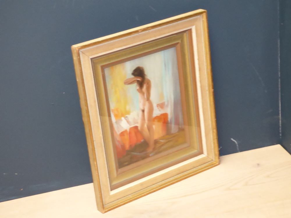 Studio framed impressionist oil painting portrait pose of a nude female, 23.5cm x18cm approx