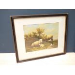 Hogarth framed oil painting pastoral landscape, with sheep and wildfowl in foreground, 29cmx36cm