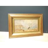 Gilt framed oil painting coastal scene with fishing boats and figures, horse and cart on