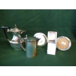Four mixed hallmarked silver photo frames and 2 silver plated coffee pots