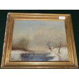 Jan Arnold Winter river landscape, oil on canvas, signed and inscribed verso, 25cm x 31cm