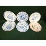 19th Century Delft plate in underglaze blue, a C19th Italian fiancé plate and four Chinese blue