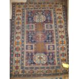 Persian style rug, with all over multi colour fawn and blue background with geometric borders