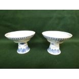 Pair C19th Chinese blue and white footed stem cups bearing inscription, signed, 8cm H