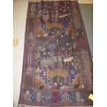 Persian style rug with all over blue background, with browns and fawn stylized borders, and two