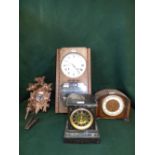 Marble and slate mantle clock, Edwardian oak case mantle clock, and President 31 Day wall clock, and
