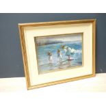 Impressionist oil painting portrait of children beach paddling, 30cmx39cm approx