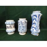 Three C17th Italian fiance drug jars, tallest 28cm H