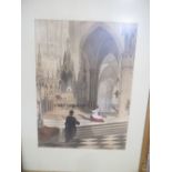 Valere Cathedral Interior with 2 clerics before the alter, monochrome wash and colour, signed