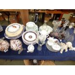 C19th willow pattern meat plate, a Beswick fox, two end of day glass dishes, assorted ceramics and