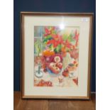 Anuk Naumann, "Pomegranates and Poinsettias", watercolour, signed lower right, 36x26.5