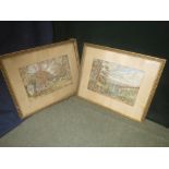 C19/20th watercolours, a pair 'Stag in a field with farm behind' and 'Peasants collecting