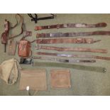 Leather swagger stick and quantity of mixed military leather belts and case, saddle, tack, etc