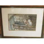 |BRYAN HANLON 'Pair of Barn Owls Perched on Wooden Rail' watercolour signed and dated 1991 lower