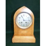 Small inlaid honey coloured oak twin train striking bracket clock in pointed arched case 34cm high