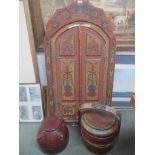 North African red lacquered two door panel, a similar rice carrier and bowl and cover