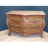 Louis XV style kingwood and walnut crossbanded marble top bombe commode with gilt metal mo