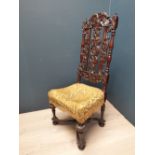 C18th style carved oak high back chair with upholstered seat