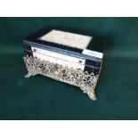 Black lacquered casket with carved ivory panels set gilt metal stand 10x17