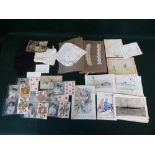 Qty of postcards, handrawn and painted, 1930s to 1950s, marked Land and Ken, and a portfolio of lace