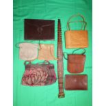 Collections of good quality handbags, and a brown crocodile skin belt