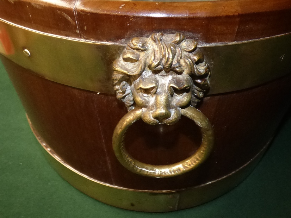 C19th mahogany brass bound oval wine cooler with lion mask ring handles, 60 cm wide - Image 2 of 5