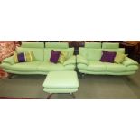 Contemporary designer style two piece suite of lime green leather sofas with matching stool 90cm x