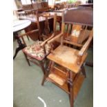 Edwardian child high chair, oak carver and occasional table