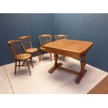 Edwardian oak extending dining table with 4 oak Windsor style chairs 90 x 90 ext 150 x 90