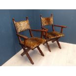 Pair 1920's style oak X frame chairs with faux leopard skin upholstered seats and back
