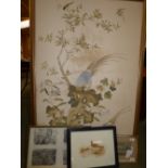 C20th Oriental School "Birds in Branches" gouache, 2 prints, watercolour "Salcombe Hill"